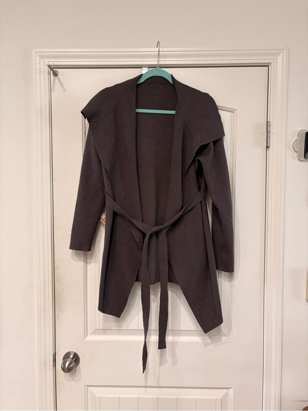 Women's Open-Front Belted Shawl Collar Cardigan Sweater - Charcoal